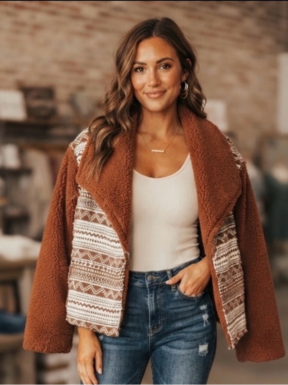 Southern Grace Rust Teddy Jacket with Patterned Front
